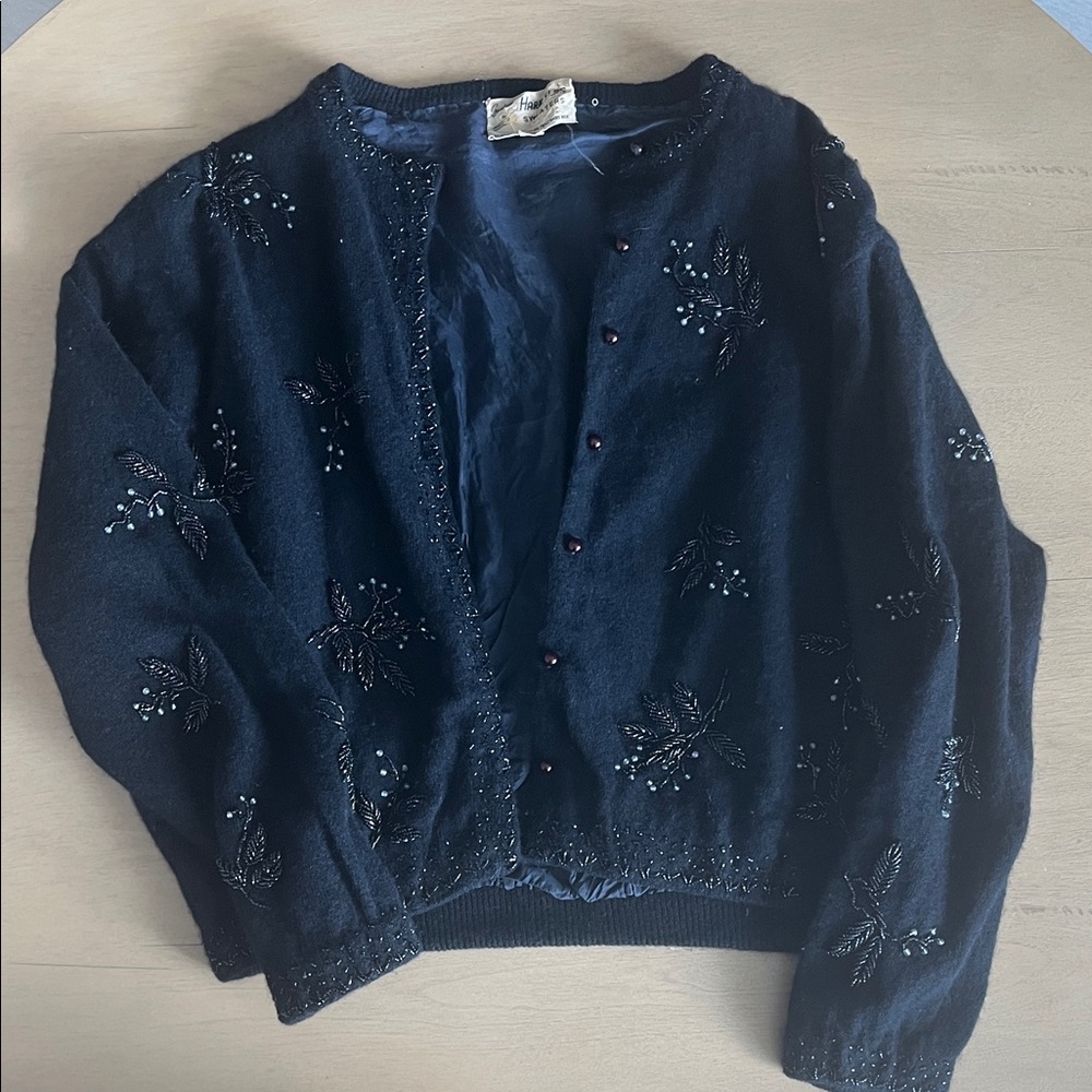 Angora Wool Black Beaded Cardigan